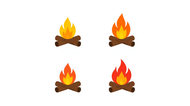 campfire icons arranged in a 2x2 grid on a white background. Each icon depicts a campfire with logs at the base and flames rising above. 
