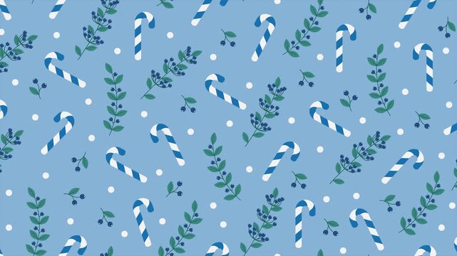 Leaves and berries with candy cane seamless pattern animation. Perfect for holiday decoration. Winter holidays theme. 4K animation
