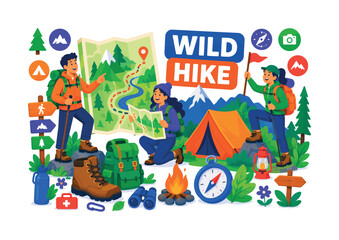 Fototapeta premium Adventure Camping Hike Modern adventure banner featuring 3 expressive stylized human characters interacting with an oversized mountain map and giant camping tent, hiking boot, backpack, compass,