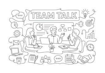 Obraz premium Meeting People Discussion. Clean one-line drawing banner composition showing three colleagues around an oversized meeting table and discussion board, collaboration line reaching all edges with small
