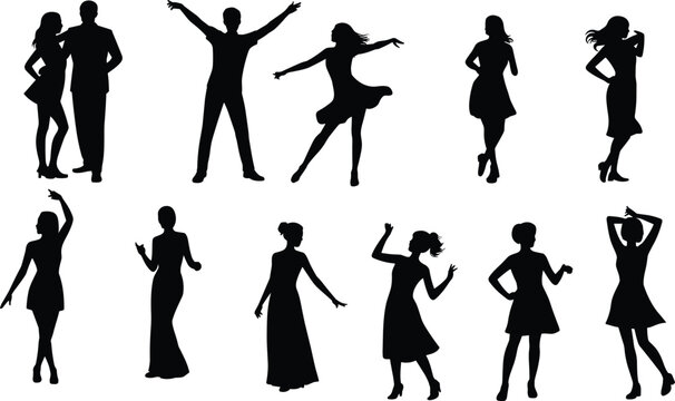 People silhouettes, dancing couples, happy women posing, group of diverse party dancers, active lifestyle background elements, isolated black illustrations