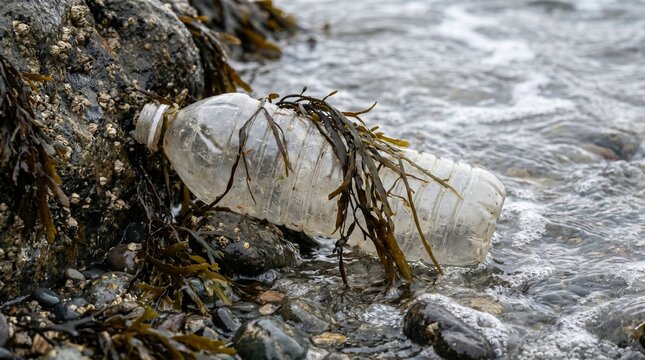 Plastic bottle washed onto rocky seashore with seaweed, foam and waves, showing ocean pollution and waste on the coast