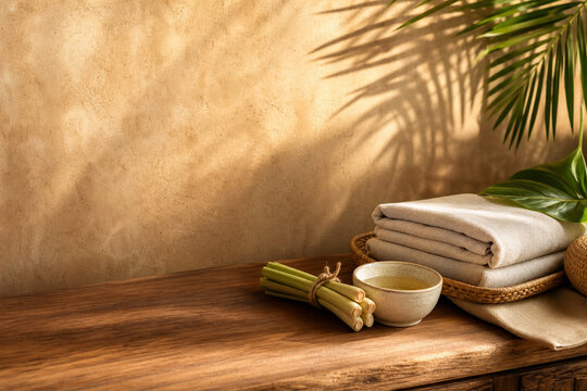 Calm Spa Reception Background With Linen Towels Lemongrass And Copy Space
