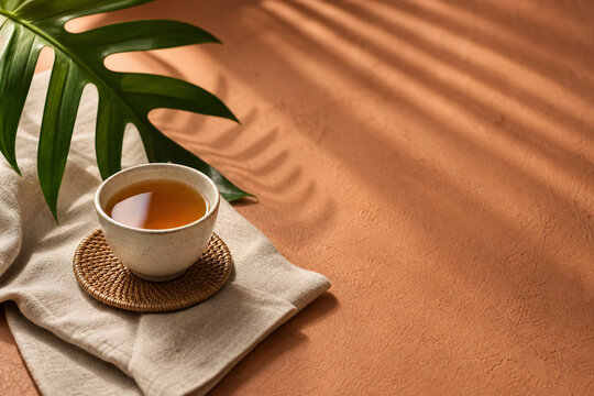 Thai Inspired Spa Surface Background With Ceramic Cup And Copy Space