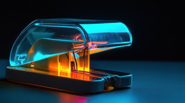 A chrome-colored stapler glows with neon light against a black background