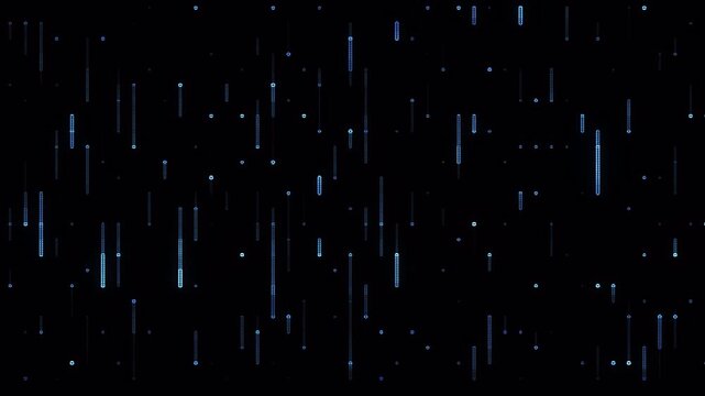Abstract digital technology background with vertical light streaks and data particles.