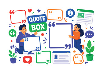 Fototapeta premium Quote Box Frames Modern quote banner featuring 2 expressive stylized human characters interacting with oversized blank quote boxes and giant quotation frame, blog card, info bubble, texting panel,