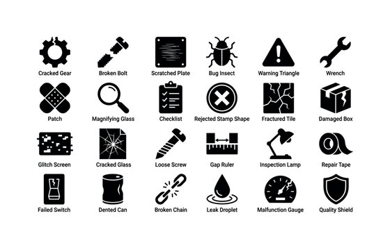 Quality Flaw Glyphs. Solid glyph icon set of defect inspection: cracked gear, broken bolt, scratched plate, bug insect, warning triangle, wrench, patch, magnifying glass, checklist, rejected stamp