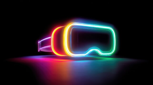 Abstract neon vr headset glowing in multiple vibrant colors on black background