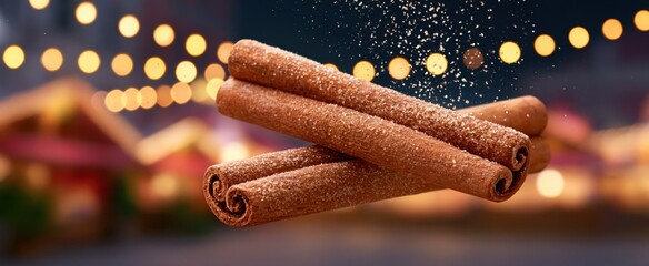 Obraz premium Cinnamon sticks floating amid falling sugar against a lively festive market background with warm lighting.