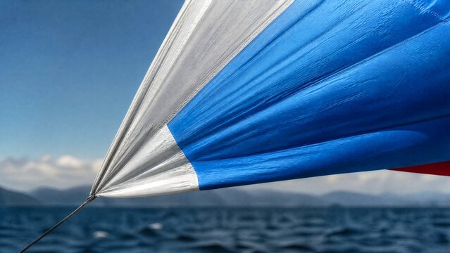Close-up of taut spinnaker sail fabric bulging under strong wind.