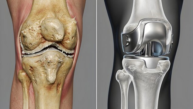Painful knee concept with osteoarthritis erosion, meniscus injury, ligament strain, and bone deformation.