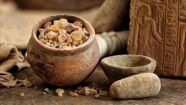 Ancient terracotta pot containing resin pieces with grinding tools, warm lighting.