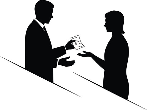 Silhouette man in suit handing document to woman profile, business meeting, exchange of information, vector illustration and black and white in outlin