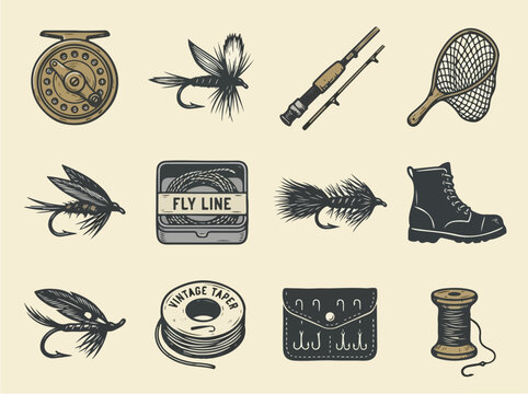Retro fly fishing tackle icons