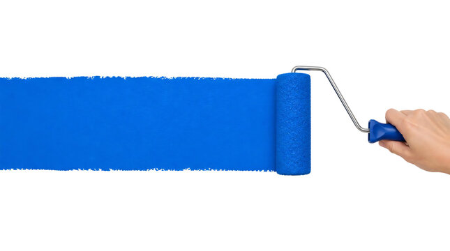 Hand using blue paint roller brush isolated on transparent background