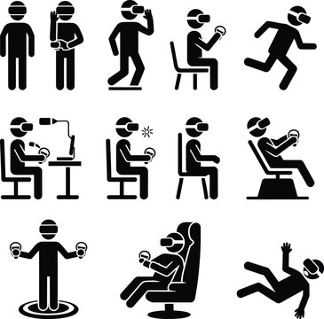 Man in vr headset doing different activities vector icons