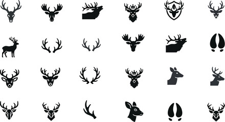 Obraz premium Graphic icon set of deer heads antlers and footprints with footprints wildlife silhouette isolated collection minimalist illustration creature