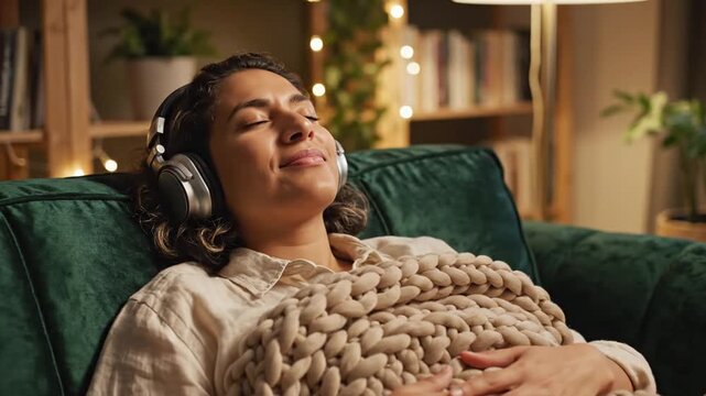 Relaxed woman listening to music on sofa at home