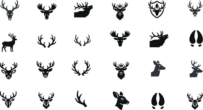 Graphic icon set of deer heads antlers and footprints with footprints wildlife silhouette isolated collection minimalist illustration creature