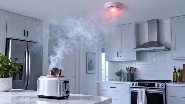 Smoke Alarm Triggered by Burnt Toast in Modern Kitchen