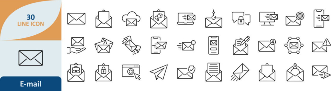 Set of email and communication line icons with email icon message communication tool envelope inbox folder mail service electronic mail digital contact us web communic