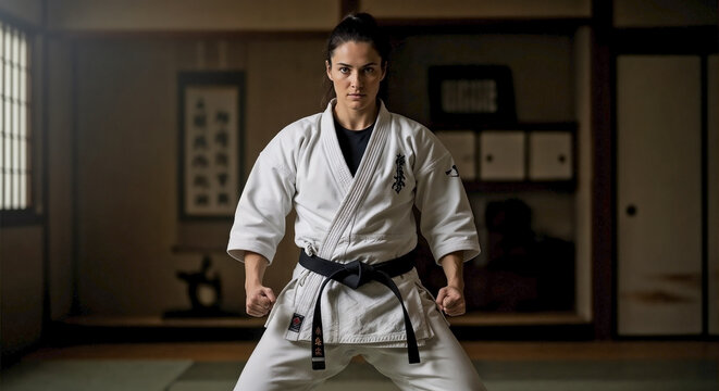 Focused female karateka in stance within traditional dojo setting. Strong female karateka in stance demonstrates powerful martial arts technique with black belt.