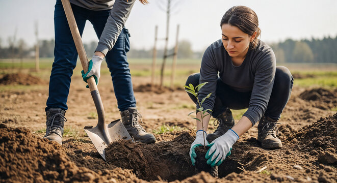 Female landscape worker planting trees, gently placing green sapling into freshly dug earth. Team member assists with shovel, preparing soil for new growth.