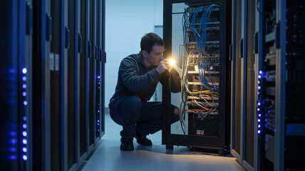 Fototapeta premium Technician inspecting server cabinet with neon blue lighting, high-tech enterprise data center