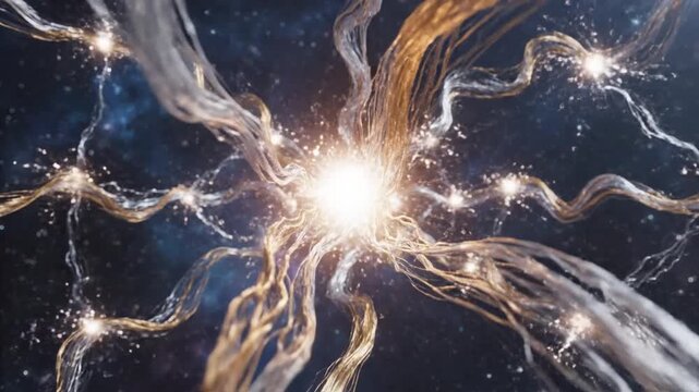 Abstract intertwined gold and silver lines in deep space