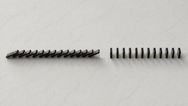 subsequent. Chain of dominoes with one missing piece, halting the cascade from above. safety posters, maintenance manuals, designed for industrial assembly lines and welding operations.