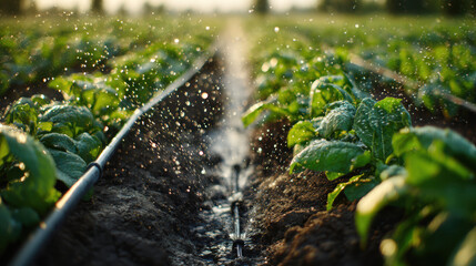 Obraz premium Automated drip irrigation system spraying water droplets over young green vegetable plants in field at sunset 