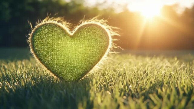Heart-shaped green leaf in morning sunlight on grass