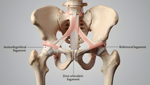 Detailed dorsal hip capsule ligaments, separated layers, white background, premium anatomy poster.