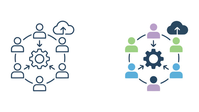 Team cloud data integration and gear process icon set representing centralized management and digital infrastructure in linear and solid vector art for professional technology and corporate networking