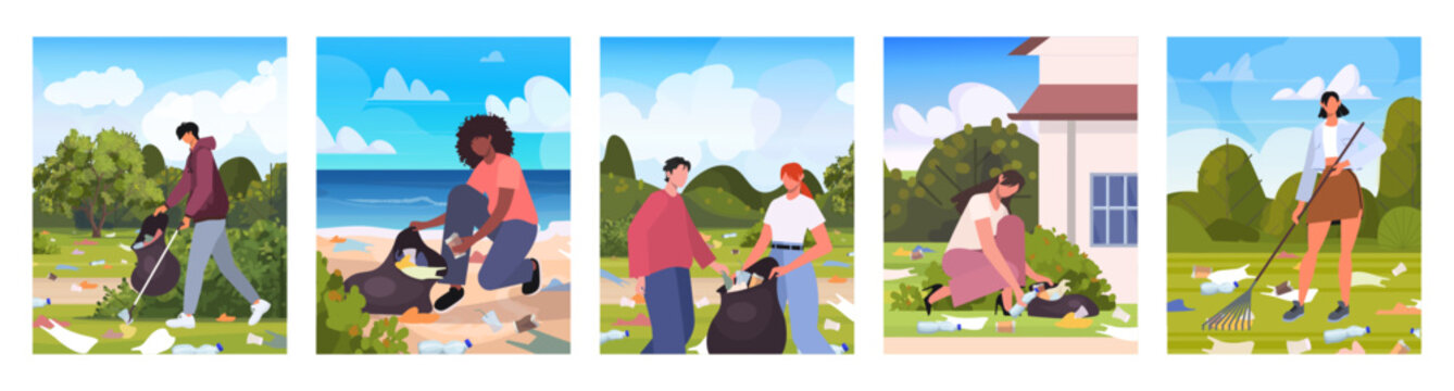 Banner with collages of showing eco volunteers cleaning up plastic waste in urban parks and coastal areas. Teamwork for a cleaner environment. Vector Not AI generated