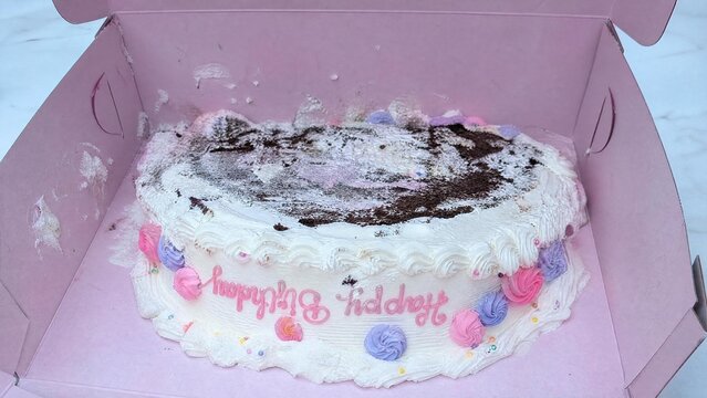 Smashed Birthday Cake in Pink Delivery Box Ruined Celebration Concept