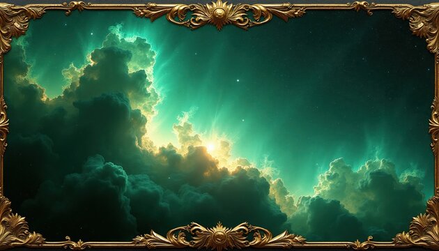 Deep space nebula with bright sun rays breaking through clouds. Celestial artwork framed with ornate gold borders. Cosmic fantasy art for sci fi themes.