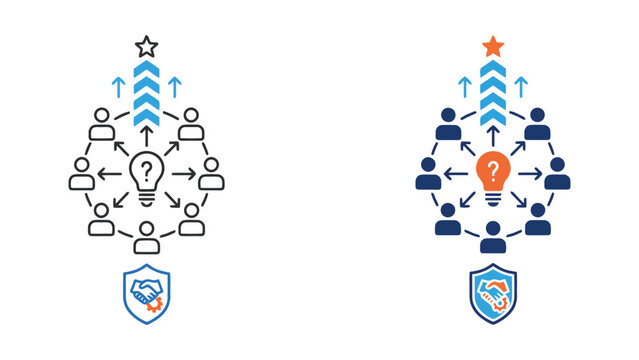 Team collaboration with central idea and handshake shield icon for secure business partnerships and strategic project management vector illustration for corporate presentations and digital solutions
