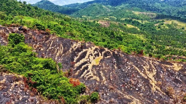 Dramatic high-angle drone shot in San Vicente, Palawan, Philippines. Features a scorched, blackened hillside from slash-and-burn farming, contrasting with lush green tropical mountain valleys.