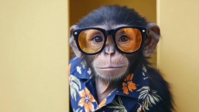Stylish young monkey wearing glasses and hawaiian shirt in yellow setting