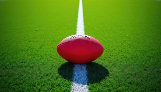 Red Australian Rules football rests on pristine green grass field white line. Sport game object ready for match play. Active recreation outdoors on stadium.