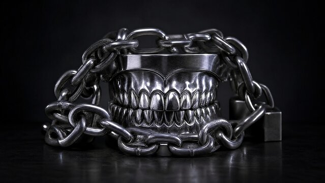 constrained. Metal dental model wrapped in heavy chains, symbolic representation of constrained movement on dark background. wellbeing guides.
