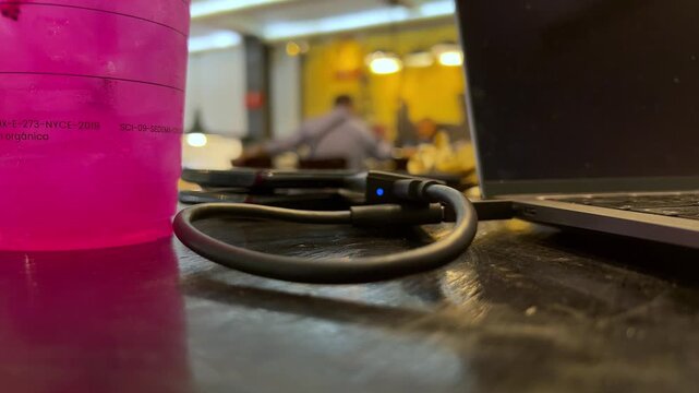 Close up view of portable external storage cable connected to laptop on workspace table with digital technology and modern office atmosphere