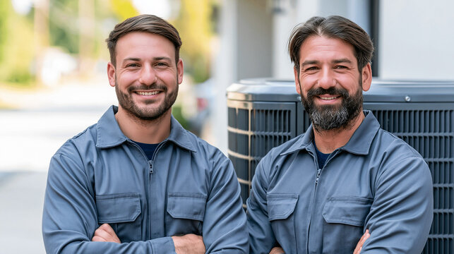 Retrato de dos t&eacute;cnicos profesionales de HVAC sonriendo junto a una unidad de aire acondicionado exterior