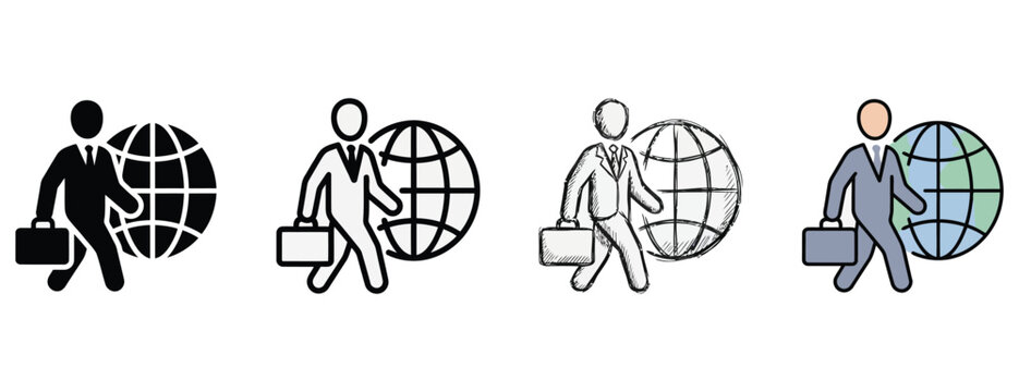 Businessmen walking with briefcases and globes in various styles and colors  global business concepts