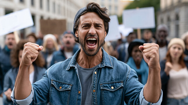 Protestor's Fury A determined man shouts with clenched fists raised, leading a crowd of protesters holding blank signs in a public demonstration. capturing emotion and dissent