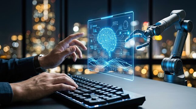 Innovative technology integration urban office digital interaction futuristic environment close-up viewpoint ai and human collaboration
