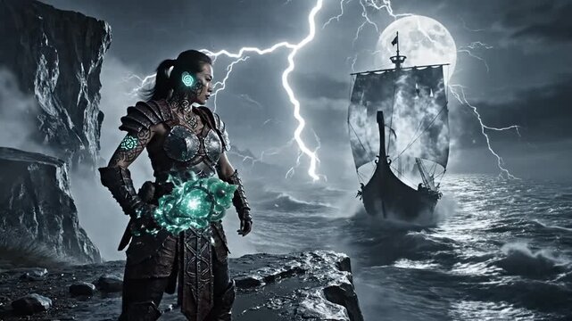 Female warrior with magic on cliff overlooking stormy sea at night