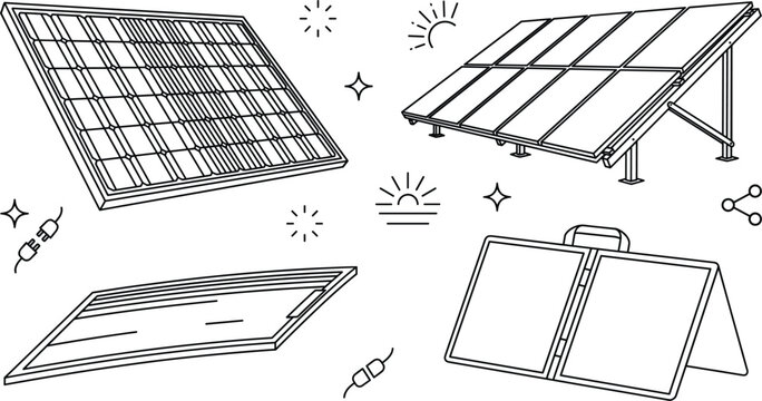 Solar panel green energy vector bundle featuring minimalist black line art outline photovoltaic arrays and sustainable electricity generation